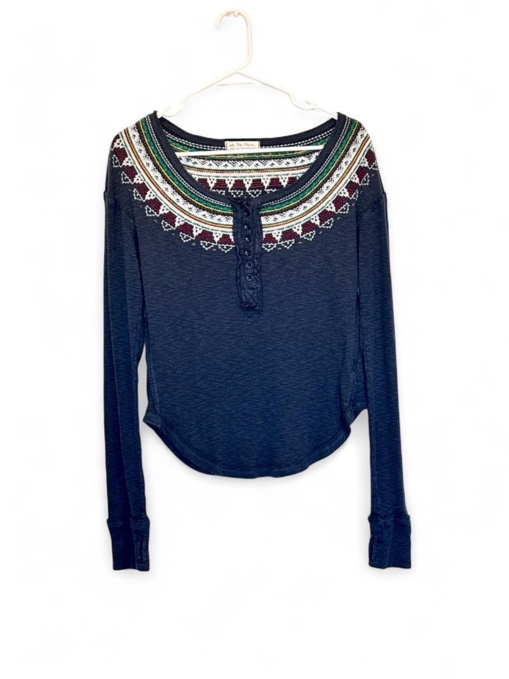 Free People Fair Isle Thermal Henley Long Sleeve Size S Boho Granola Earthy